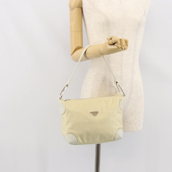 PRADA Shoulder Bag Nylon Leather Ivory Silver Auth 166005