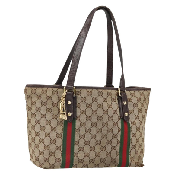 GUCCI GG Canvas Web Sherry Line Tote Bag Beige Gold Red 137396 Auth 166008