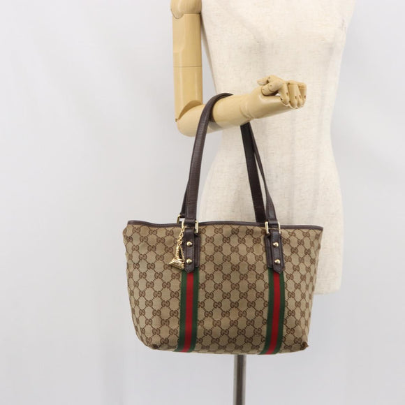 GUCCI GG Canvas Web Sherry Line Tote Bag Beige Gold Red 137396 Auth 166008