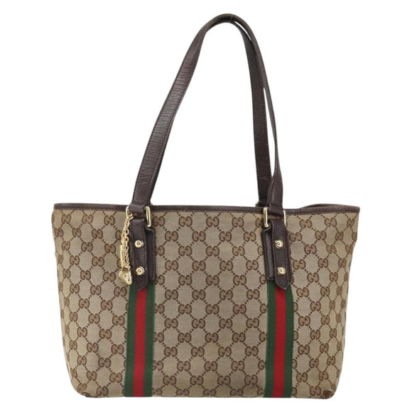GUCCI GG Canvas Web Sherry Line Tote Bag Beige Gold Red 137396 Auth 166008