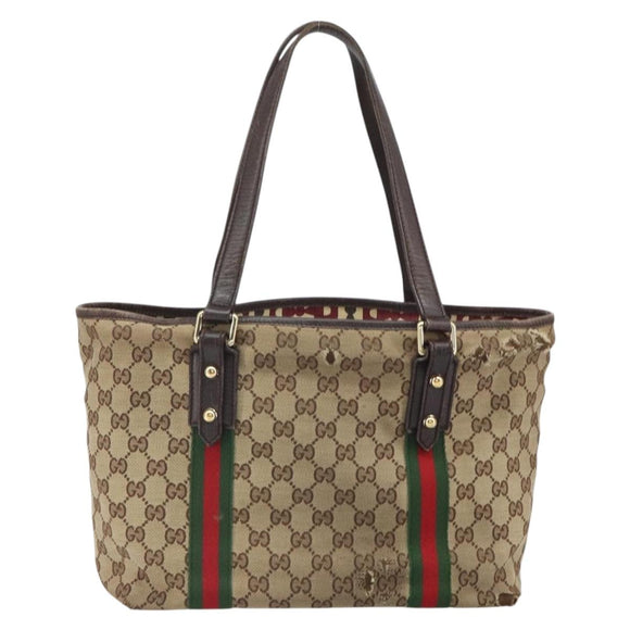 GUCCI GG Canvas Web Sherry Line Tote Bag Beige Gold Red 137396 Auth 166008
