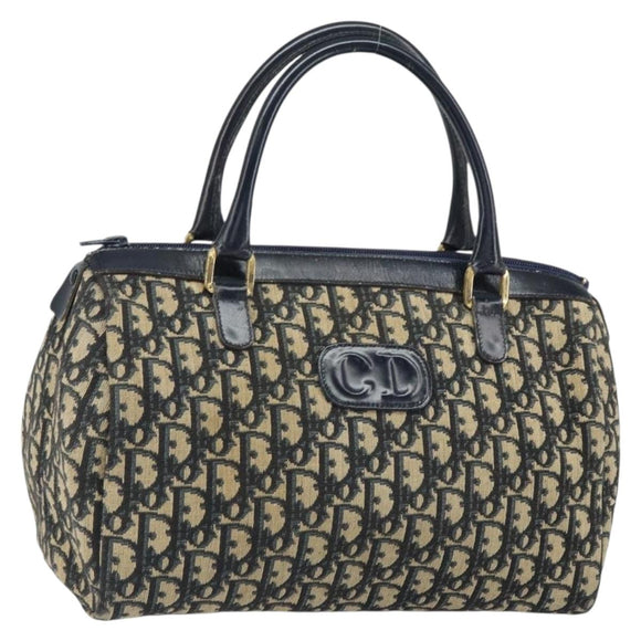 Christian Dior Trotter Canvas Boston Bag Navy Gold Auth 166011