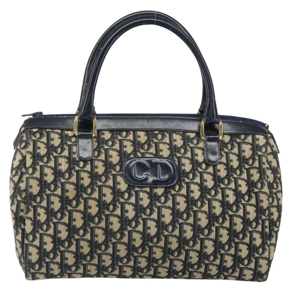 Christian Dior Trotter Canvas Boston Bag Navy Gold Auth 166011