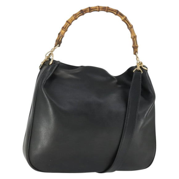 GUCCI Bamboo Shoulder Bag Leather 2way Black Gold 001 1577 Auth 166021
