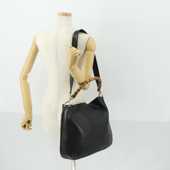 GUCCI Bamboo Shoulder Bag Leather 2way Black Gold 001 1577 Auth 166021