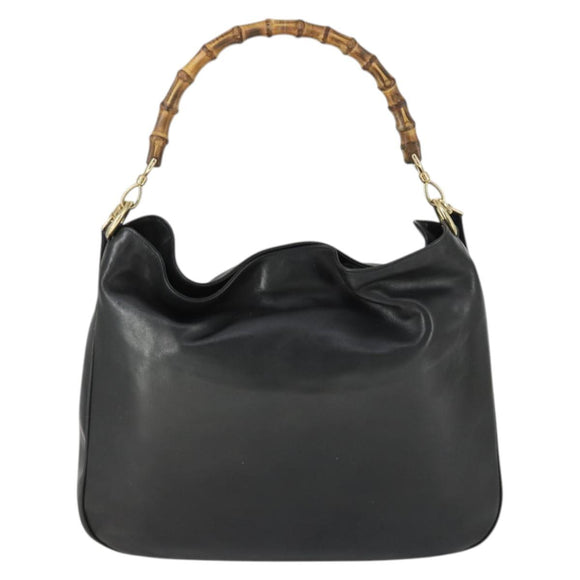 GUCCI Bamboo Shoulder Bag Leather 2way Black Gold 001 1577 Auth 166021
