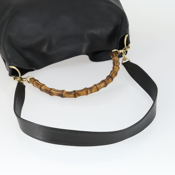 GUCCI Bamboo Shoulder Bag Leather 2way Black Gold 001 1577 Auth 166021