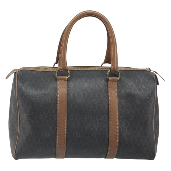 Christian Dior Honeycomb Canvas Boston Bag PVC Black Gold Auth 166030