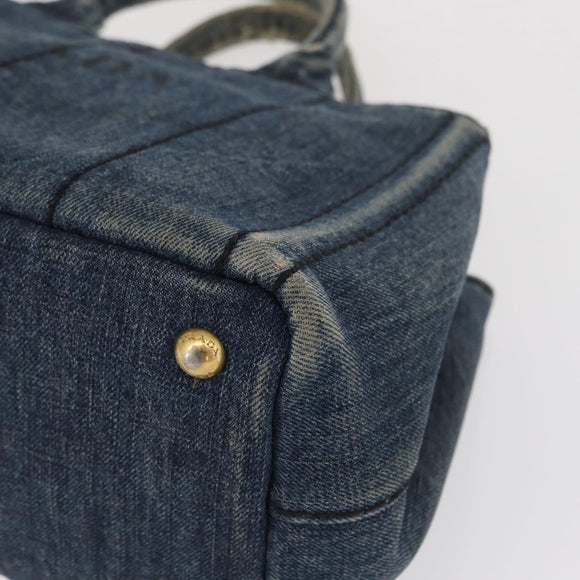 PRADA Canapa PM Hand Bag Denim Blue Gold Auth 166102