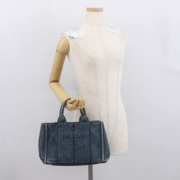 PRADA Canapa PM Hand Bag Denim Blue Gold Auth 166102