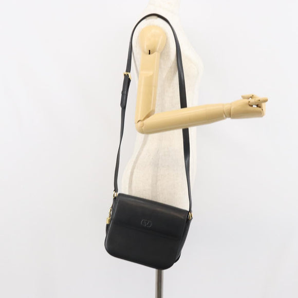 VALENTINO Shoulder Bag Leather Black Gold Auth 166125