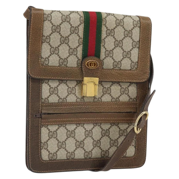 GUCCI GG Supreme Web Sherry Line Shoulder Bag PVC Beige Gold Auth 166128