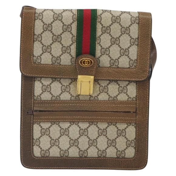 GUCCI GG Supreme Web Sherry Line Shoulder Bag PVC Beige Gold Auth 166128