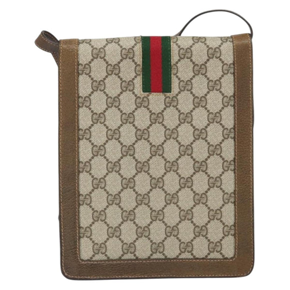 GUCCI GG Supreme Web Sherry Line Shoulder Bag PVC Beige Gold Auth 166128
