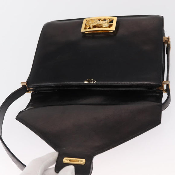 CELINE Horse Carriage Shoulder Bag Leather Black Gold Auth 166146