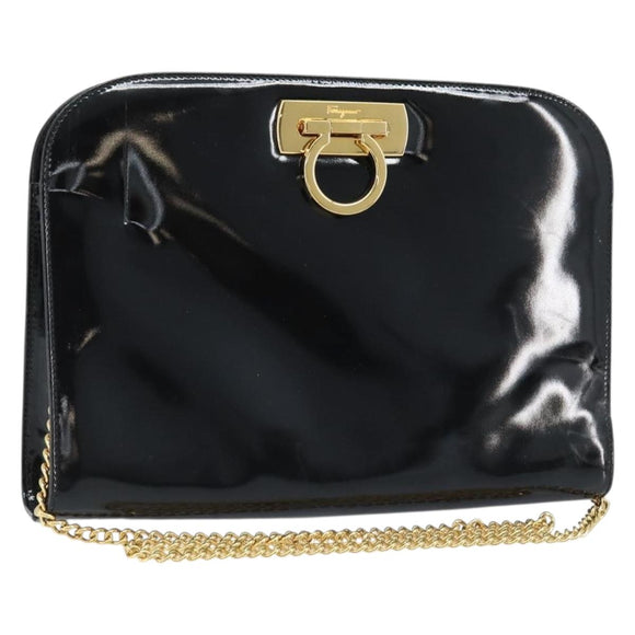 Salvatore Ferragamo Gancini Chain Bag Patent leather Black Gold Auth 166240
