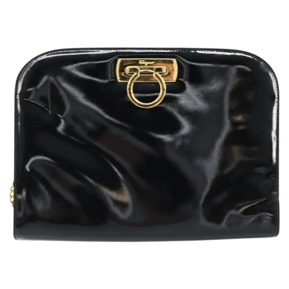 Salvatore Ferragamo Gancini Chain Bag Patent leather Black Gold Auth 166240