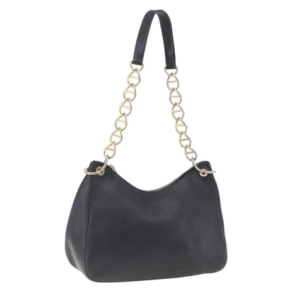 PRADA Chain Shoulder Bag Leather Black Gold Auth 166283