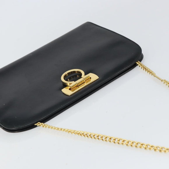 Salvatore Ferragamo Gancini Chain Shoulder Bag Leather Black Gold Auth 166295