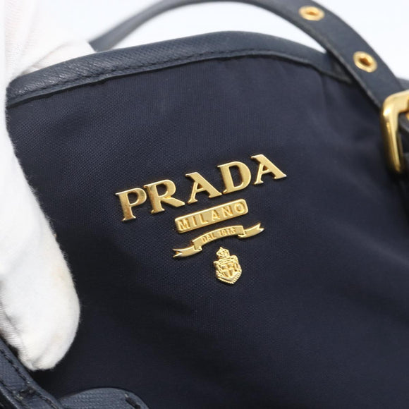 PRADA Tote Bag Nylon Navy Gold Auth 166304