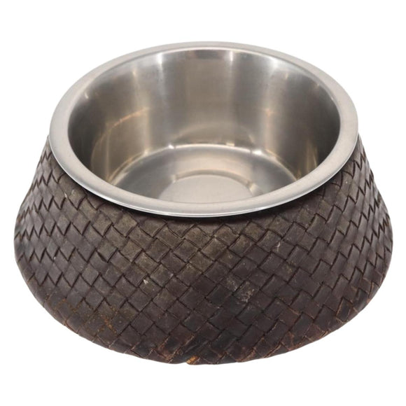 BOTTEGAVENETA Food Bowl And Collar set Dog Leash Leather Brown Auth 166322