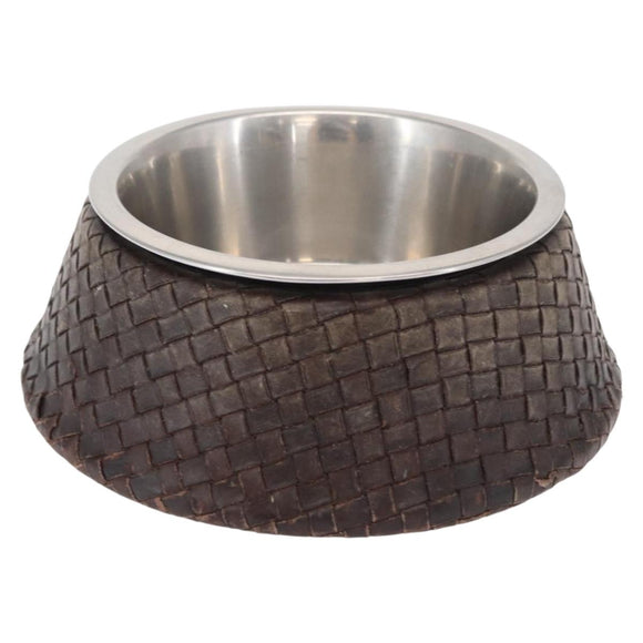 BOTTEGAVENETA Food Bowl And Collar set Dog Leash Leather Brown Auth 166322