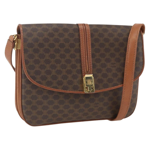 CELINE Macadam Canvas Shoulder Bag PVC Leather Brown Gold Auth 166352