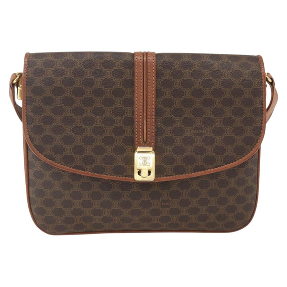 CELINE Macadam Canvas Shoulder Bag PVC Leather Brown Gold Auth 166352