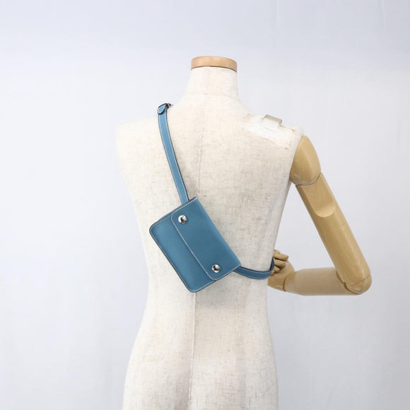 HERMES Pochette Green Waist bag Leather Blue Silver Auth 166361SM