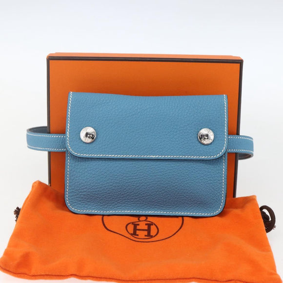 HERMES Pochette Green Waist bag Leather Blue Silver Auth 166361SM