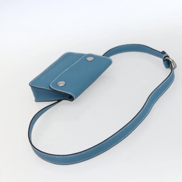 HERMES Pochette Green Waist bag Leather Blue Silver Auth 166361SM