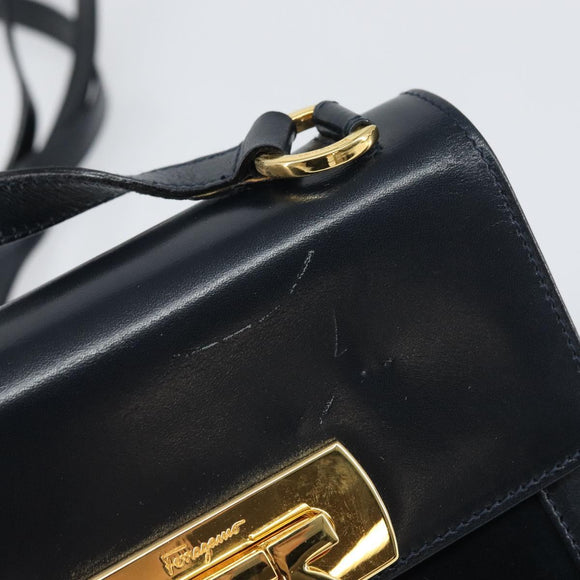 Salvatore Ferragamo Gancini Shoulder Bag Leather Navy Gold Auth 166375