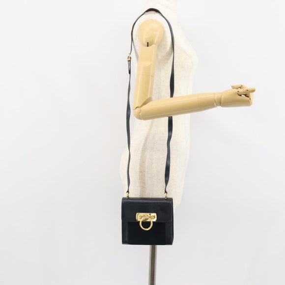 Salvatore Ferragamo Gancini Shoulder Bag Leather Navy Gold Auth 166375