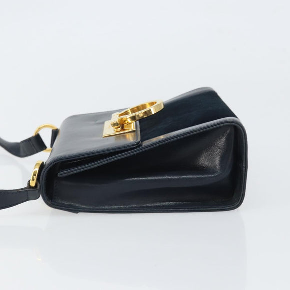Salvatore Ferragamo Gancini Shoulder Bag Leather Navy Gold Auth 166375