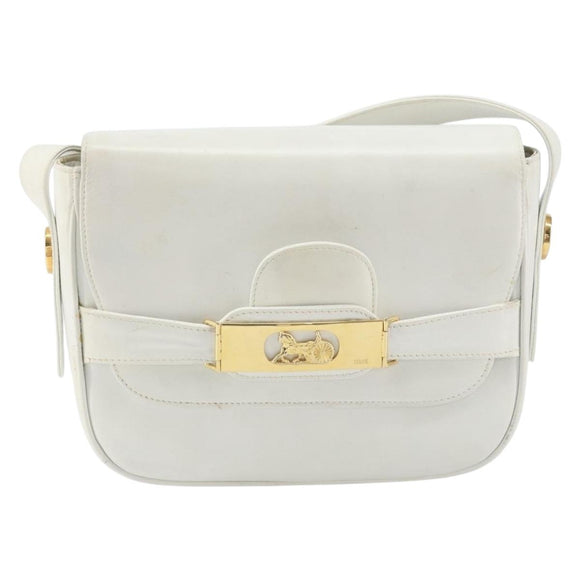 CELINE Horse Carriage Shoulder Bag Leather White Gold Auth 166400