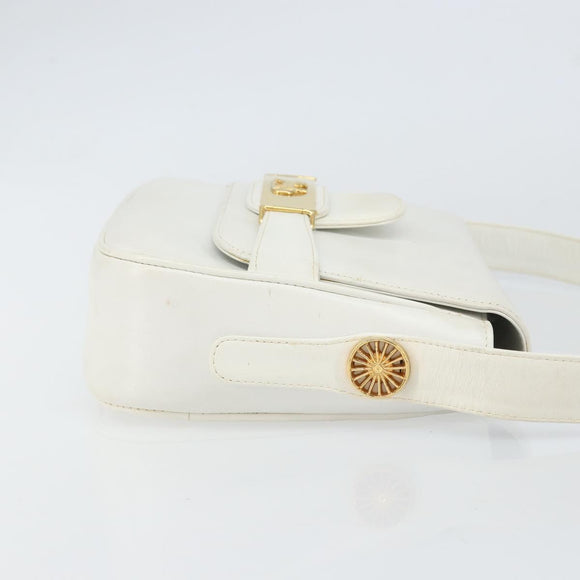 CELINE Horse Carriage Shoulder Bag Leather White Gold Auth 166400