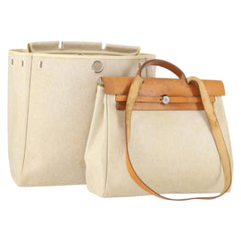 HERMES Her bag Hand Bag Canvas Leather 2way Beige Silver Auth 166412