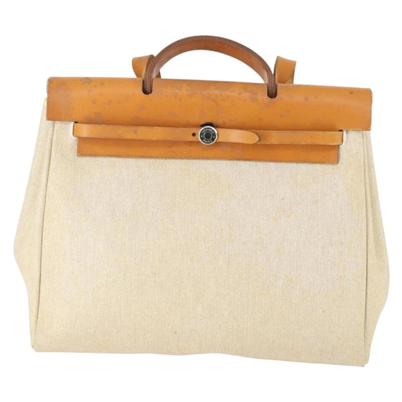 HERMES Her bag Hand Bag Canvas Leather 2way Beige Silver Auth 166412