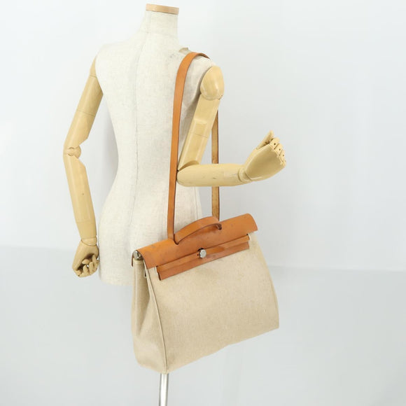 HERMES Her bag Hand Bag Canvas Leather 2way Beige Silver Auth 166412