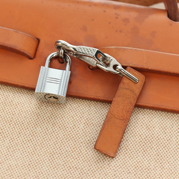 HERMES Her bag Hand Bag Canvas Leather 2way Beige Silver Auth 166412