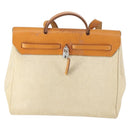 HERMES Her bag Hand Bag Canvas Leather 2way Beige Silver Auth 166412-2