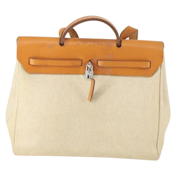 HERMES Her bag Hand Bag Canvas Leather 2way Beige Silver Auth 166412