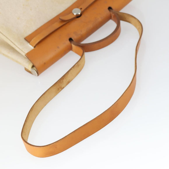 HERMES Her bag Hand Bag Canvas Leather 2way Beige Silver Auth 166412