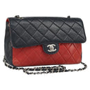 CHANEL Matelasse 25 Chain Shoulder Bag Lamb Skin Red Navy CC Auth 166416-1