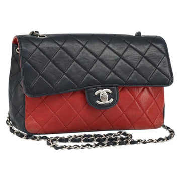 CHANEL Matelasse 25 Chain Shoulder Bag Lamb Skin Red Navy CC Auth 166416
