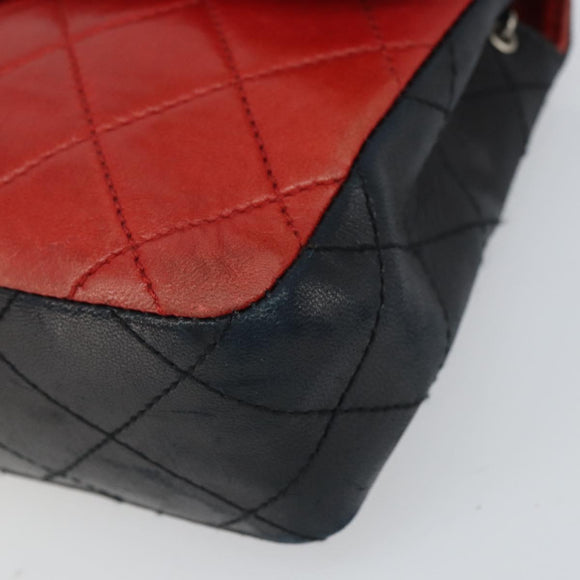 CHANEL Matelasse 25 Chain Shoulder Bag Lamb Skin Red Navy CC Auth 166416