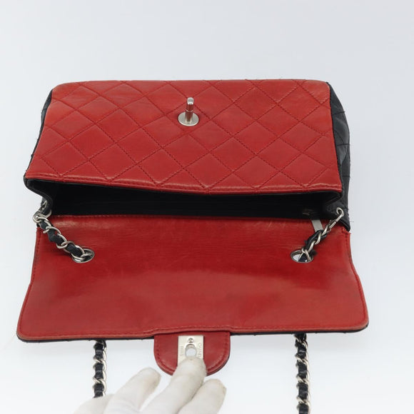CHANEL Matelasse 25 Chain Shoulder Bag Lamb Skin Red Navy CC Auth 166416