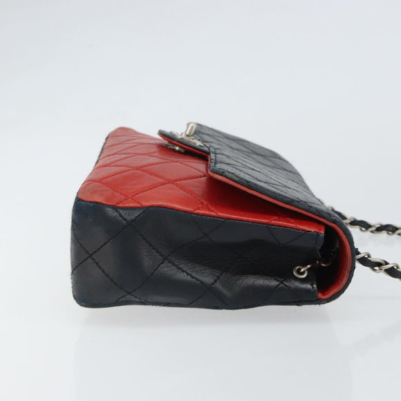 CHANEL Matelasse 25 Chain Shoulder Bag Lamb Skin Red Navy CC Auth 166416
