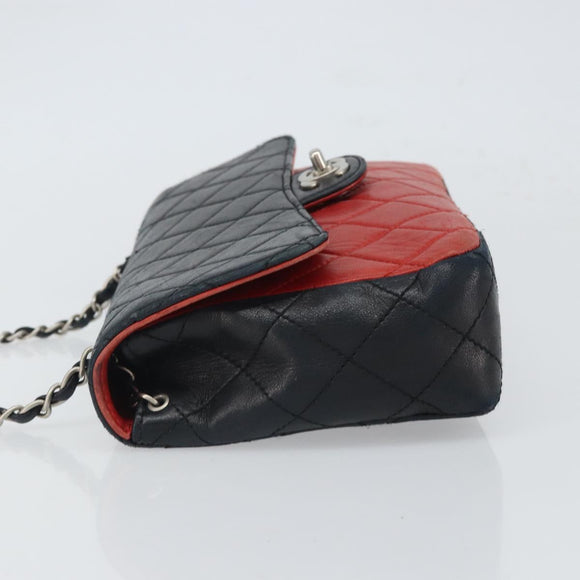 CHANEL Matelasse 25 Chain Shoulder Bag Lamb Skin Red Navy CC Auth 166416