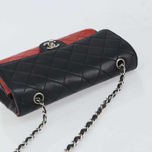 CHANEL Matelasse 25 Chain Shoulder Bag Lamb Skin Red Navy CC Auth 166416